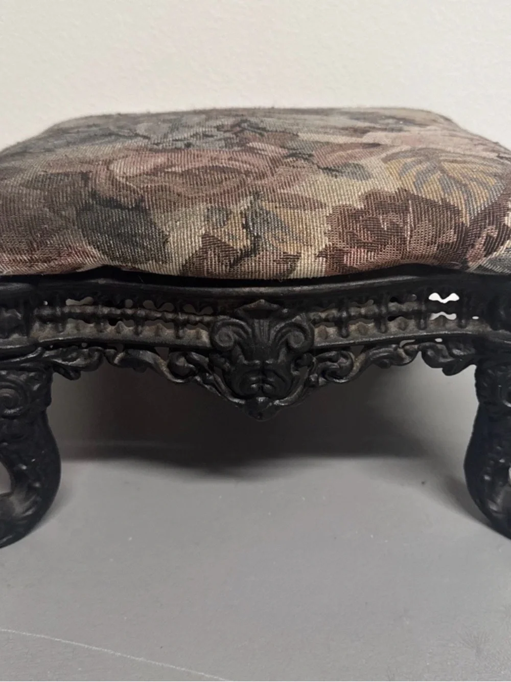 Vintage Cast Iron Footstool With Floral Print Upholstery Ornate Claw Leg 13x13